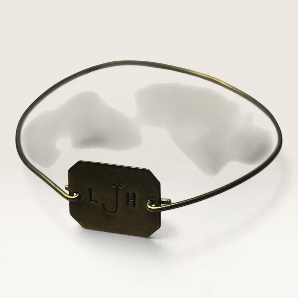 Brass-Tone Wire Bangle Bracelet with Hand-Stamped 'LJH' Monogram Tag